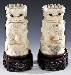 Pair of Ivory Carved Foo Lions