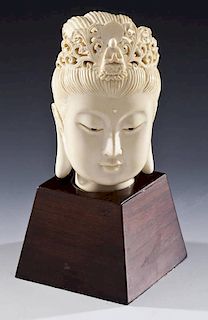 Ivory Head of Guanyin on Wooden Base
