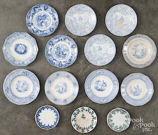 Fourteen blue transfer cup plates, 19th c., largest - 4'' dia.
