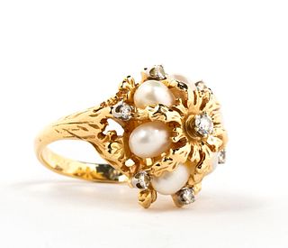 Elaborate Diamond, Pearl and 14K Ring