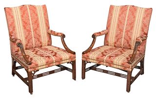 Pair of Chippendale Mahogany Upholstered Library Chairs