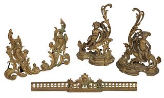 Two Pairs Louis XV Style Bronze Chenets and Fire Fender