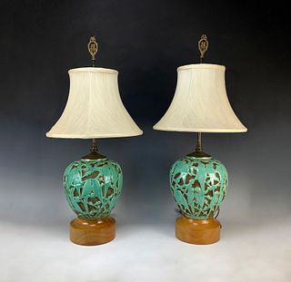 Pair Ceramic Vase Lamps in Lalique Style