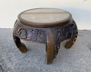 Small Round Asian Table with Alabaster Carvings