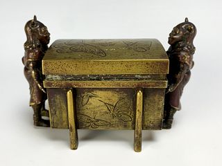 Japanese Meiji Period Bronze Box with 2 Oni