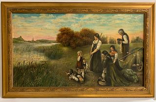 Family Facing The Church Oil on Canvas