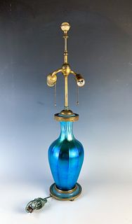 Steuben Blue Aurene Glass Lamp Base w/Bronze Mount