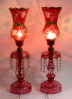 Large Pair Bohemian Persian Lustre Lamps