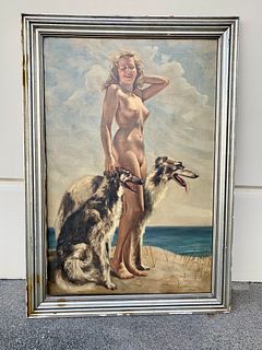 Nude and Her Dogs by the Seashore