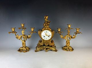 Louis XV Style Gilt Bronze 3pc Clock Set