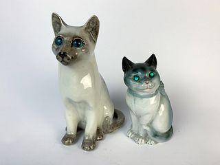2 Porcelain Cat Figurines with Glass Eyes