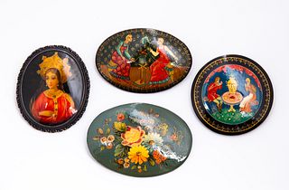 Four Russian Lacquer Painted Brooches