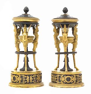 A Pair of Directoire Gilt and Patinated Bronze Brule Parfums Height 9 inches.
