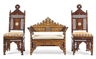 A Group of Syrian Mother-of-Pearl Inlaid Furniture Width of settee 50 inches.