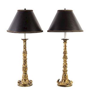 A Pair of Louis XV Style Gilt Bronze Mounted Table Lamps Height overall 30 inches.