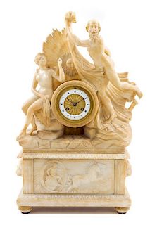 A French Alabaster Mantel Clock Height 22 1/4 inches.