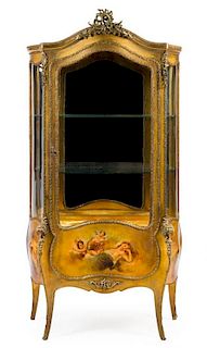 A Louis XV Style Gilt Bronze Mounted Vernis Martin Vitrine Height 74 x width 38 x depth 17 inches.
