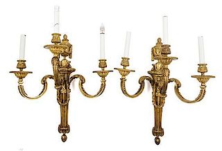 A Pair of Louis XVI Style Gilt Bronze Three-Light Sconces Height 21 1/4 inches.