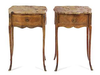 * A Pair of Transitional Style Walnut Side Tables Height 27 1/4 x width 17 3/4 x depth 13 inches.