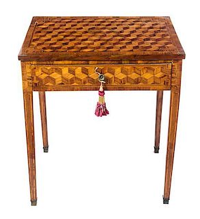 A Transitional Parquetry Side Table Height 29 x width 25 3/4 x depth 19 inches.