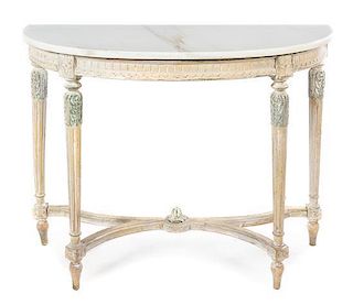A Louis XVI Style Painted Console Table Height 34 1/2 x width 45 1/2 x depth 18 3/4 inches.