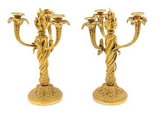 A Pair of French Gilt Bronze Three-Light Candelabra Height 15 3/4 inches.