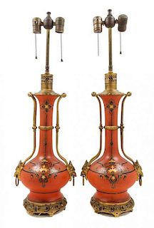 A Pair of French Gilt Bronze Mounted Glass or Porcelain Oil Lamps Height 30 inches.