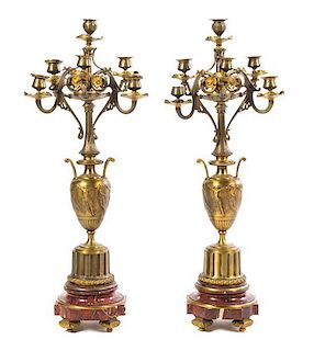 A Pair of French Gilt Bronze and Marble Candelabra Height 30 inches.