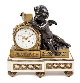 A Louis XVI Style Gilt and Patinated Bronze and Marble Mantel Clock Height 16 1/2 x width 15 3/4 inches.