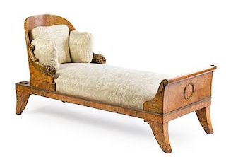 An Empire or Egyptian Revival Burlwood Chaise Longue Length 73 inches.