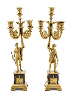 A Pair of Empire Style Gilt and Patinated Bronze Five-Light Candelabra Height 14 1/8 inches.