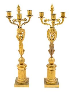 A Pair of Empire Gilt Bronze Three-Light Candelabra Height 21 1/2 inches.
