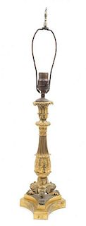 A Louis Philippe Style Gilt Bronze Candlestick Height 26 1/2 inches.