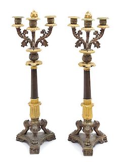A Pair of Louis Philippe Style Gilt and Patinated Bronze Three-Light Candelabra Height 20 inches.