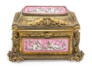 A Napoleon III Sevres Porcelain Mounted Gilt Bronze Table Casket Height 5 x width 7 1/2 x depth 5 1/2 inches.