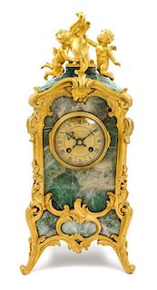 A French Gilt Bronze and Green Quartz Mantel Clock Height 18 1/4 x width 8 1/4 x depth 5 3/4 inches.