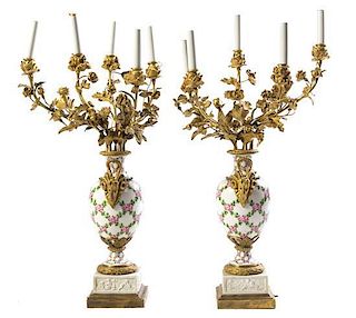 A Pair of Gilt Bronze Mounted Sevres Porcelain Candelabra Height 28 1/2 inches.