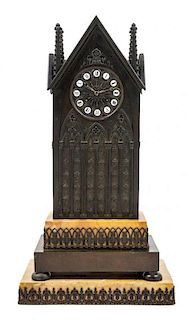 A French Bronze and Marble Mantel Clock Height 23 7/8 x width 12 1/2 x depth 7 inches.