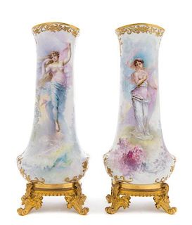 A Pair of Sevres Style Gilt Bronze Mounted Porcelain Vases Height 17 1/4 inches.