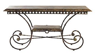 * A French Iron and Marble Baker's Table Height 31 x width 62 x depth 20 inches.