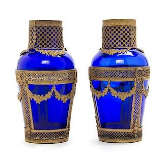 A Pair of Gilt Bronze Mounted Cobalt Glass Vases Height 7 3/4 inches.