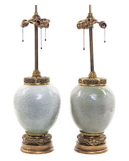 Two Chinese Gilt Metal Mounted Celadon and Crackle Glaze Porcelain Jars Height 35 3/4 inches.
