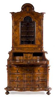 A Baroque Burl Walnut Secretary Bookcase Height 89 x width 48 x depth 23 inches.