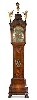 * A Dutch Marquetry Burl Walnut Tall Case Clock Height overall 116 1/2 inches.