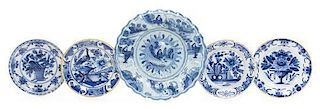 * A Group of Five Delft Plates Diameter of largest 13 5/8 inches.