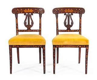 A Pair of Dutch Marquetry Side Chairs Height 35 inches.