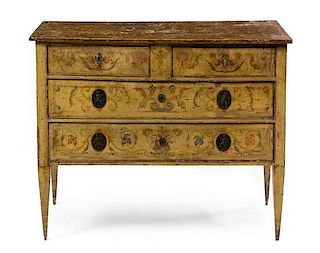 An Italian Painted Commode Height 33 1/2 x width 41 3/4 x depth 18 1/2 inches.