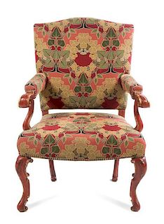 A Venetian Red Lacquered and Parcel Gilt Fauteuil Height 38 3/4 inches.