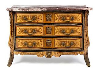 An Italian Baroque Style Gilt Bronze Mounted Marquetry Decorated Commode Height 31 x width 45 x depth 21 1/4 inches.