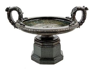 A Grand Tour Marble Tazza Height 17 1/2 x width over handles 25 1/2 inches.